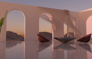 3D rendering scene with conceptual ambient futuristic living space with walls andlate evening sky on background