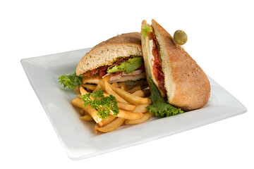 Sanwich. emparedado, papas, baguette de pan con jamón y papas