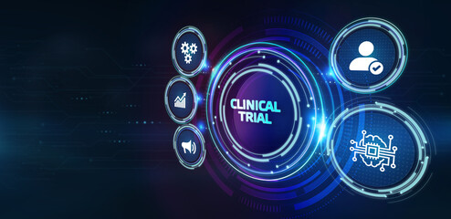 Business, Technology, Internet and network concept. Business man working on the tablet of the future, select on the virtual display: Clinical trial