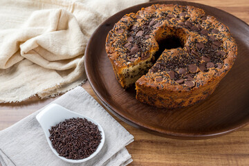 Traditional Brazilian cake called Bolo Formigueiro. Brazilian chocolate cake. Homemade cake.