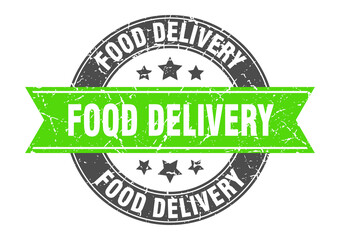 food delivery round stamp with ribbon. label sign