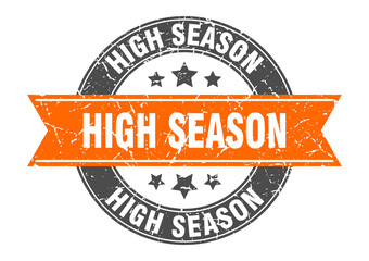 high season round stamp with ribbon. label sign