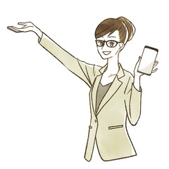 スマホを持っているスーツ姿の女性