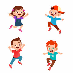 happy cute kid boy and girl jump and smile set bundle. multiracial friend together