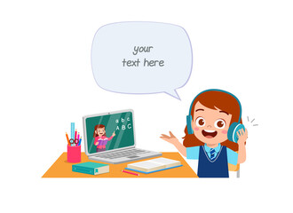 happy cute little kid do home school with computer laptop connect to internet study e-learning and course. e-learning web element