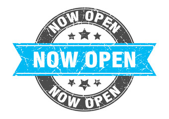 now open round stamp with ribbon. label sign