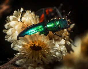 This detailed macro image shows a stunning green metallic beetle (Temnoscheila) on top of flowers.