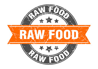 raw food round stamp with ribbon. label sign