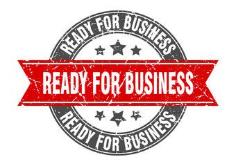 ready for business round stamp with ribbon. label sign