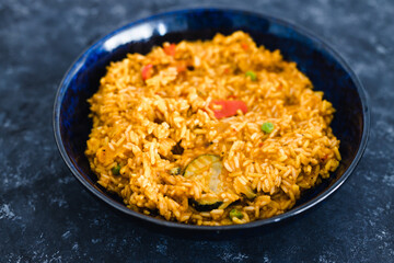 plant-based food, vegan turmeric risotto with mediterranean vegetables