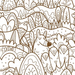Seamless pattern with  fairy forest on  white background. Fantastic funny animals, plants and trees. Vector contour doodle image.