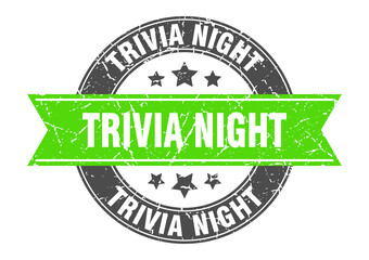 trivia night round stamp with ribbon. label sign