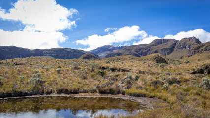 Landscape in Los Nevados National Natural Park in Colombia. Nevado de Santa Isabel and Nevado del Ruiz volcano