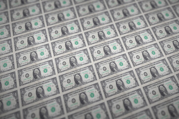 1 US dollar bills printed in illegal money production conveyor. Collage of many fake bills. Concept...