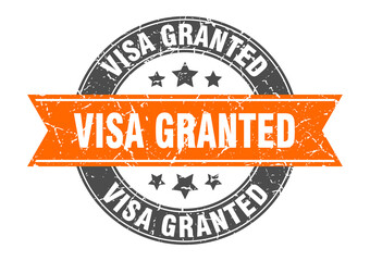 visa granted round stamp with ribbon. label sign