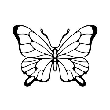 Black silhouette butterfly icon isolated on white background. Pattern, template coloring. Vector Illustration.