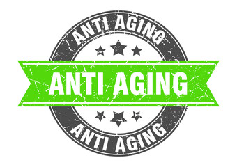 anti aging round stamp with ribbon. label sign