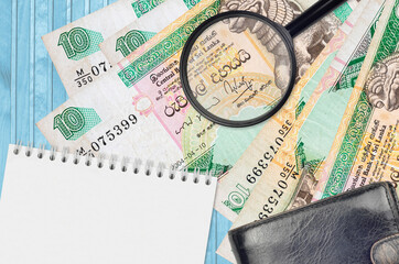 10 Sri Lankan rupees bills and magnifying glass with black purse and notepad. Concept of counterfeit money. Search for differences in details on money bills to detect fake