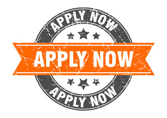 apply now round stamp with ribbon. label sign