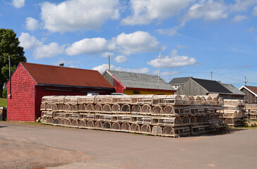 Lobster fishing traps in stacks in the small village of North Rustico on the north shore of Prince...