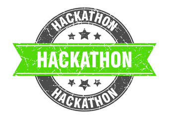 Obraz premium hackathon round stamp with ribbon. label sign
