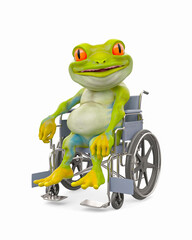 little frog cartoon is riding a wheelchair