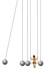 A girls on a swing is part of a Newton’s Pendulum of swinging metal balls. Illustrates youthful concerns and problems.