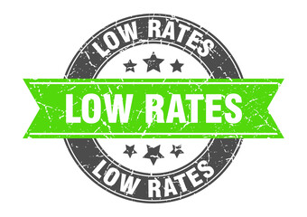 low rates round stamp with ribbon. label sign