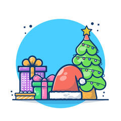 Illustration vector graphic of Christmas tree with gift box, and Santa hat. Christmas and New Year 2021 concept. Flat cartoon style perfect for sticker, wallpaper, icon, landing page, website