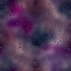 Seamless rain drop water repeat pattern on blur. High quality illustration. Realistic digital render of water droplets and drips on a blurred out pattern background. Pure water with light refraction.