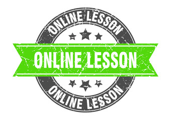 online lesson round stamp with ribbon. label sign