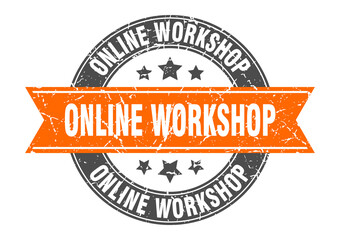 online workshop round stamp with ribbon. label sign