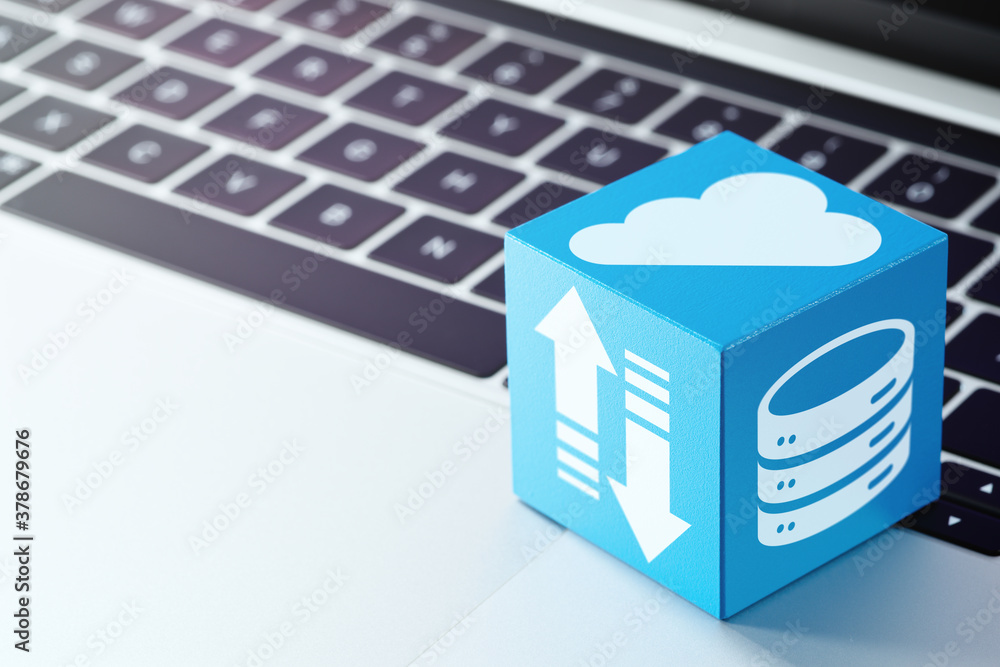 Poster Cloud computing concept. Blue cube with cloud, arrows and server icons on laptop keyboard.