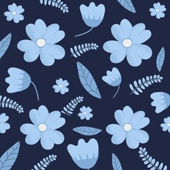 Blue background picture with blue flowers interspersed with leaves.