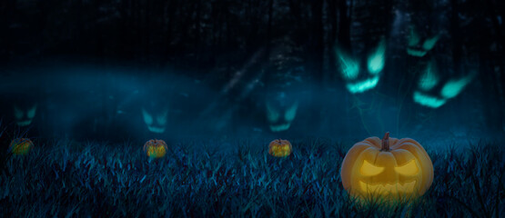 scary halloween night. Ghost and Jack O Lantern in foggy forest.