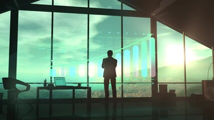 Silhouette of a man in a suit looks at the growth infographic. - Powered by Adobe