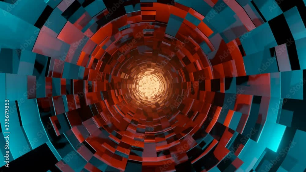 Poster 4k video animation of a colorful 3d sci-fi object with glowing energy light at center, forward movem