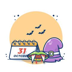 Halloween Day Calendar with Wizard Hat and Dracula Vector Illustration. Celebrate Halloween October 31st. Flat Cartoon Style Suitable for Sticker, Wallpaper, Icon, Landing Page, Web.
