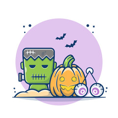 Fototapeta premium Halloween Pumpkins and Frankenstein Vector Illustration. Halloween Day Party Concept. Flat Cartoon Style Suitable for Sticker, Wallpaper, Icon, Landing Page, Web.