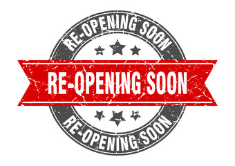 re-opening soon round stamp with ribbon. label sign