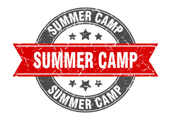 Obraz premium summer camp round stamp with ribbon. label sign