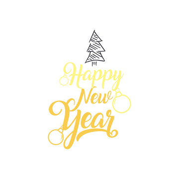 Happy new year with pine tree free form style icon vector design