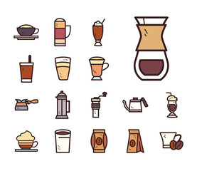 coffee line and fill style collection of icons vector design