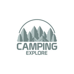 camping and outdoor adventure emblems, logos and badges. Camp tent in forest or mountains. Camping equipment. Vector.