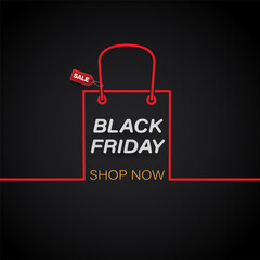 red line shopping bag black friday label sale on black background.