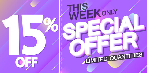 Special Offer,15% off, sale poster design template, vector illustration