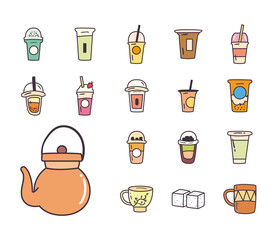 tea line and fill style set of icons vector design