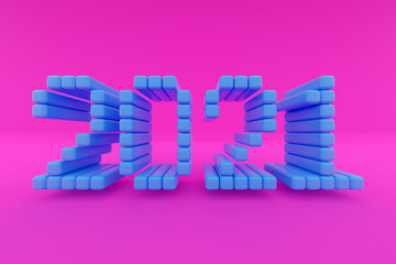 3D illustration inscription 2021 from small blue cubes on a white isolated background. Illustration of the symbol of the new year.