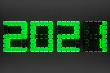 3D illustration inscription 2021 from small yellow green on a  background. Illustration of the symbol of the new year.