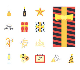 Fototapeta na wymiar Happy new year free form style set of icons vector design